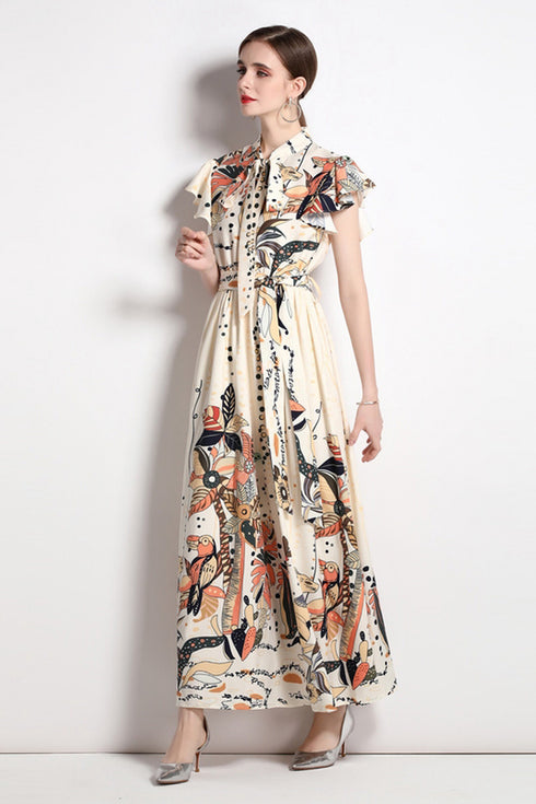 Runway Fashion Elegant Floral Print, Bow Neck, Big Swing Vintage Long Maxi Dress